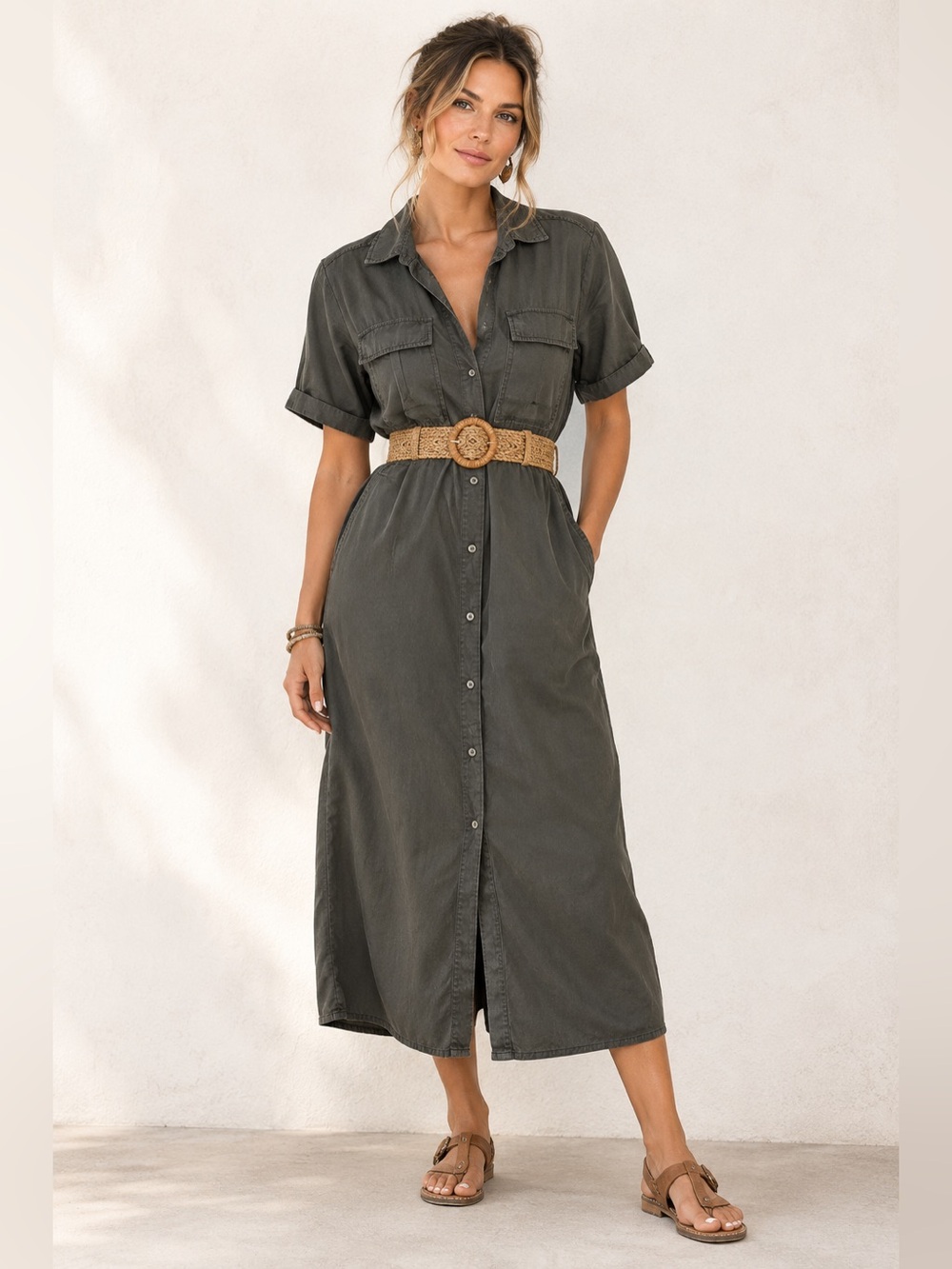 Velvet Heart - Cargo Green Maxi Shirt Dress - S - COI China